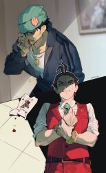  2boys absurdres ace_(playing_card) ace_attorney angry antenna_hair apollo_justice apollo_justice:_ace_attorney aqua_necktie badge beanie belt black_belt black_hair blood blood_on_ground blood_on_paper blue_hat blurry blurry_background bracelet brown_hair button_badge card clenched_hand clenched_teeth closed_eyes collared_shirt crumpled_paper gold_bracelet grey_hoodie grin hand_on_own_arm hand_on_own_face hat highres hood hoodie jewelry leaning_forward locket multiple_boys multiple_views necktie nosebleed outline pants pendant phoenix_wright playing_card punched red_eyes red_pants red_vest shaded_face shirt short_hair sleeves_rolled_up smile spiky_hair teeth tile_floor tiles twitter_username upper_body vest white_outline white_shirt worvies 