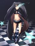  bikini_top black_hair black_rock_shooter black_rock_shooter_(character) blue_eyes boots checkered checkered_floor flat_chest glowing glowing_eyes highres long_hair m.h midriff navel scar shorts solo star twintails very_long_hair 