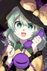  1girl :d black_hat bow buttons collared_shirt commentary_request diamond_button disembodied_linked_eye eyeball frilled_shirt_collar frilled_sleeves frills green_eyes green_hair hat hat_bow highres holding holding_phone koishi_day komeiji_koishi long_hair long_sleeves marione phone shirt smile solo touhou upper_body watermark wide_sleeves yellow_bow yellow_shirt 