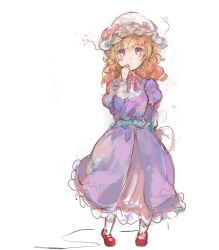  1girl back_bow blonde_hair blue_eyes blush bow deformed dress frilled_dress frills hat hat_bow highres long_hair long_sleeves maribel_hearn mob_cap neck_ribbon puffy_long_sleeves puffy_sleeves purple_dress red_bow red_ribbon red_shoes ribbon sash shoes sleeve_cuffs socks solo standing touhou uwazumi white_bow white_hat white_sash white_socks 