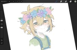  1boy 5oh_h alternate_costume antenna_hair art_program_in_frame basil_(faraway)_(omori) basil_(omori) blue_overalls blush closed_mouth double-parted_bangs flower flower_wreath green_shirt hair_between_eyes head_wreath highres looking_at_viewer male_focus omori overalls shirt short_hair sidelocks simple_background smile solo white_background 