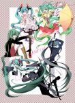  bikini_top black_hair black_rock_shooter black_rock_shooter_(character) boots detached_sleeves dress green_hair hair_ornament hair_ribbon hairclip hajimete_no_koi_ga_owaru_toki_(vocaloid) hatsune_miku heart highres jumping koi_wa_sensou_(vocaloid) leg_hug long_hair looking_back megaphone melt_(vocaloid) midriff mmsl2 multiple_persona navel necktie red_string ribbon scarf shorts sitting skirt smile songover sword thigh-highs thighhighs twintails umbrella very_long_hair vocaloid weapon when_the_first_love_ends_(vocaloid) white_dress wink world_is_mine_(vocaloid) 