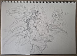  1girl absurdres commentary_request cookie_run cookie_run:_ovenbreak eyepatch gutan_(gugangtan) hat highres korean_commentary large_scissors long_hair sketch smile suit timekeeper_cookie weapon white_background 