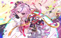  1girl ahoge artist_name black_gloves blush eyepatch gloves heart heart_ahoge highres lacia_everlight lens_flare maria_marionette nijisanji nijisanji_en nijisanji_idol_uniform open_mouth pink_eyes pink_hair ribbon side_ponytail sir_ventrilo_(maria_marionette) solo tiara v virtual_youtuber zoom_layer 