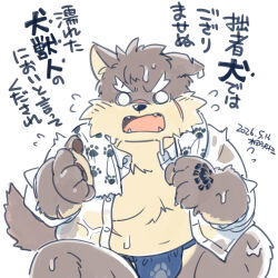  1boy angry animal_ears belly blue_fundoshi brown_fur commentary_request dated dog_boy dog_ears dog_tail fangs fundoshi furry furry_male japanese_clothes kirisawa_juuzou looking_at_viewer male_focus moritaka_(housamo) notched_ear paw_print plump scar scar_across_eyebrow scar_on_cheek scar_on_face scar_on_nose shirt sitting tail tokyo_afterschool_summoners towel towel_around_neck translation_request unbuttoned unbuttoned_shirt wet wet_clothes wet_shirt wide-eyed 