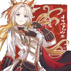  ahoge animal_ears ascot black_ascot black_gloves blue_eyes bow breasts cape commentary_request ear_covers epaulettes frown gem gloves green_gem highres horse_ears horse_girl jacket long_hair long_sleeves looking_at_viewer medium_breasts multicolored_hair orange_hair orfevre_(control)_(umamusume) orfevre_(umamusume) panch4989new parted_lips red_bow red_cape single_ear_cover umamusume white_hair white_jacket 