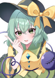  1girl :d absurdres black_hat bow buttons collared_shirt commentary_request diamond_button disembodied_linked_eye eyeball frilled_shirt_collar frilled_sleeves frills green_eyes green_hair green_skirt hair_between_eyes hat hat_bow highres koishi_day komeiji_koishi kototto long_sleeves looking_at_viewer medium_hair open_mouth shirt skirt smile solo touhou wide_sleeves yellow_bow yellow_shirt 