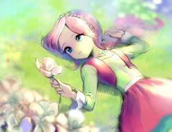  1girl backlighting blue_eyes blue_gem blurry braid breasts choker closed_mouth colored_skin commentary cowboy_shot cropped_jacket crown_braid day depth_of_field dot_nose english_commentary flower fluttershy fluttershy_(equestria_girls) forehead frilled_sleeves frills gem grass green_shirt hair_spread_out hands_up jacket light_particles long_hair long_sleeves looking_ahead looking_at_flowers lying miniskirt my_little_pony my_little_pony:_equestria_girls my_little_pony:_friendship_is_magic on_back on_ground open_clothes open_jacket parted_bangs pink_hair pink_jacket pink_skirt quizia shirt single_braid skirt sleeveless sleeveless_jacket small_breasts smile solo sunlight turning_head very_long_hair white_choker white_trim yellow_flower yellow_skin 