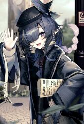  1girl :d absurdres arknights black_jacket blue_hair blush braid commentary_request fur-trimmed_jacket fur-trimmed_sleeves fur_trim hair_over_one_eye hand_up head_wings highres holding holding_newspaper jacket long_hair long_sleeves manhole_cover mole mole_under_eye neck_ribbon newspaper open_mouth outdoors penguin4 pointy_ears red_ribbon ribbon shirt smile solo translation_request ukusik_(arknights) violet_eyes waving white_shirt wings 