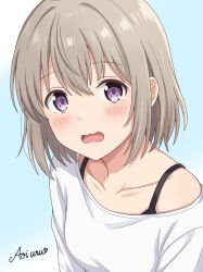  1girl bare_shoulders black_bra blue_background blush bra brown_hair collarbone commentary_request highres kamiina_botan_yoeru_sugata_wa_yuri_no_hana looking_at_viewer open_mouth shirt short_hair simple_background solo tonami_ibuki underwear upper_body uru_aoi23 violet_eyes white_shirt 