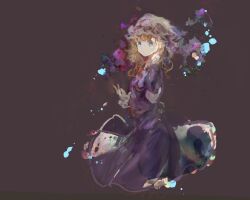  1girl armband blonde_hair blue_eyes closed_mouth collared_dress commentary contrast_collar dress frilled_sleeves frills grey_background hat highres long_hair long_sleeves maribel_hearn mob_cap neck_ribbon purple_dress red_ribbon ribbon solo touhou uwazumi white_armband white_hat 