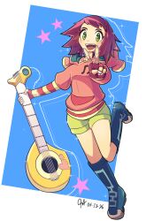  1girl :d blue_boots blush boots chineseninja commentary dated english_commentary fingerless_gloves gloves green_eyes green_shorts guitar highres holding holding_guitar holding_instrument hood hoodie instrument leg_up looking_at_viewer mega_man_(series) mega_man_star_force_(series) mixed-language_commentary open_mouth pink_gloves pink_hoodie red_hair short_hair shorts simple_background smile solo sonia_strumm_(mega_man) standing standing_on_one_leg star_(symbol) teeth upper_teeth_only v 