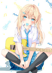  1girl absurdres arpeggio_art black_socks blonde_hair blue_eyes blue_skirt blush closed_mouth collared_shirt commentary diagonal-striped_clothes diagonal-striped_necktie dress_shirt electric_guitar fender_telecaster guitar hair_ornament hairclip highres instrument kneehighs long_hair looking_at_viewer mouth_hold necktie no_shoes original parallel_hairclips plaid_clothes plaid_skirt pleated_skirt plectrum plectrum_in_mouth school_uniform shirt short_sleeves sitting skirt socks solo striped_clothes striped_necktie twintails white_shirt 