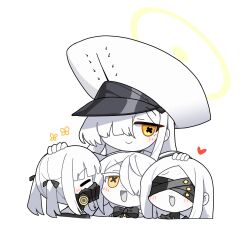  4girls absurdres black_bow black_mask blindfold blue_archive blush bow chibi colored_skin commentary_request covered_eyes ein_(blue_archive) hair_over_one_eye halo headpat highres korean_commentary large_hat malkuth_(blue_archive) mask multiple_girls ohr_(blue_archive) open_mouth respirator siblings simple_background sof_(blue_archive) symbol-shaped_pupils triplets white_background white_hair white_skin x-shaped_pupils yanggaengwang yellow_halo 