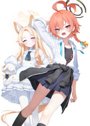  2girls absurdres ahoge animal_ear_fluff animal_ears arm_behind_head arm_up black_socks blonde_hair blue_archive blue_skirt blush braid breasts brown_hair clothes_around_waist collared_shirt commentary_request detached_sleeves dress dress_shirt earrings feet_out_of_frame forehead fox_ears hair_between_eyes halo highres jewelry long_hair long_sleeves multiple_girls nakatokung neru_(blue_archive) neru_(school_uniform)_(blue_archive) open_clothes open_shirt pantyhose parted_bangs parted_lips pink_eyes pleated_skirt puffy_long_sleeves puffy_sleeves red_eyes seia_(blue_archive) shirt simple_background skirt sleeveless sleeveless_dress sleeves_past_fingers sleeves_past_wrists small_breasts socks standing striped_clothes striped_pantyhose stud_earrings thick_eyebrows vertical-striped_clothes vertical-striped_pantyhose very_long_hair white_background white_dress white_pantyhose white_shirt white_sleeves 