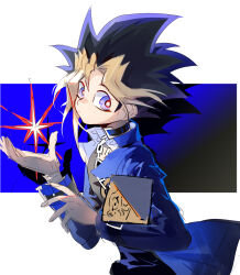  1boy black_shirt blonde_hair blue_jacket chain chain_necklace cowboy_shot highres jacket jewelry male_focus millennium_puzzle multicolored_hair muto_yugi necklace purple_hair shirt solo spiky_hair streaked_hair tokishishishi violet_eyes white_background yu-gi-oh! yu-gi-oh!_duel_monsters 