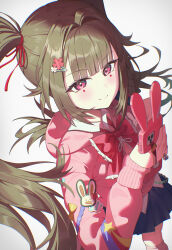  1girl alternate_costume blue_skirt brown_hair chyanu commentary highres holding holding_phone honkai:_star_rail honkai_(series) long_hair looking_at_viewer phone pink_sweater pleated_skirt simple_background skirt smile solo sparkle_(honkai:_star_rail) sparxie_(honkai:_star_rail) sweater twintails very_long_hair violet_eyes 