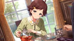  1boy 1girl ahoge blush brown_hair butter_knife card_commentary closed_mouth commentary_request cup day dutch_angle fork game_asset green_eyes hair_ornament hairclip idolmaster idolmaster_million_live! idolmaster_million_live!_theater_days indoors kinoshita_hinata knife light_smile official_alternate_costume official_alternate_hairstyle official_art out_of_frame pouring producer_(idolmaster) short_hair solo_focus tea teacup third-party_source 