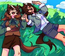  2girls aged_down animal_ears blue_sky blush bow brown_hair brown_shorts brown_vest child clouds collared_shirt ear_ornament field flower grass green_bow grey_shorts hand_on_another's_hand happy highres horse_ears horse_girl horse_tail laughing long_hair lying medium_hair multicolored_hair multiple_girls official_alternate_costume official_alternate_hairstyle on_back on_ground open_mouth rinaspotato scraped_knee shirt shorts sirius_symboli_(umamusume) sky sleeves_rolled_up streaked_hair striped_clothes striped_shirt symboli_rudolf_(umamusume) tail teeth twitter_username umamusume upper_teeth_only vest white_flower white_hair white_shirt 