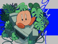  blush cable commentary_request computer computer_keyboard computer_tower grass kirby kirby_(series) leaf looking_at_viewer monitor no_humans plant regurusu_(nagarevosi) simple_background sitting smile solo twitter_username two-tone_background 