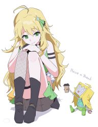  1girl absurdres ahoge arm_strap black_boots black_gloves blonde_hair boots bracelet closed_mouth cup disposable_coffee_cup disposable_cup fingerless_gloves fishnet_thighhighs fishnets gloves green_eyes grey_shorts hair_ornament highres hoshii_miki idolmaster idolmaster_(classic) idolmaster_million_live! idolmaster_million_live!_theater_days jewelry knees_up long_hair mechanization mikibot_(daisukebachi) multiple_bracelets official_alternate_costume ohgi910 robot shorts simple_background single_fingerless_glove single_fishnet_legwear sitting sleeveless smile thigh-highs white_background 