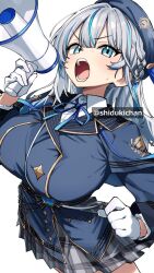  1girl blue_eyes blue_hat blue_streaks breasts character_request copyright_request gloves hat highres holding holding_megaphone large_breasts long_hair megaphone multicolored_hair open_mouth plaid_clothes plaid_skirt pleated_skirt shigatsu_shizuki simple_background skirt solo streaked_hair sweat white_background white_gloves white_hair 
