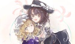 2girls :d black_hat black_skirt blonde_hair blue_eyes blush bow brown_eyes brown_hair closed_mouth collared_dress commentary contrast_collar dress hair_bow hat hat_bow index_finger_raised long_hair maribel_hearn medium_hair mob_cap multiple_girls one_eye_closed open_mouth purple_dress shirt skirt smile touhou usami_renko uwazumi white_hat white_shirt 
