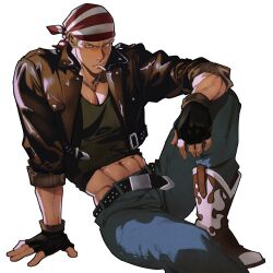  1boy abs bandana belt belt_buckle billy_kane black_gloves black_jacket black_shirt blonde_hair blue_eyes blue_pants boots brown_boots buckle closed_mouth cowboy_boots crop_top cropped_jacket denim earrings english_commentary fatal_fury fingerless_gloves gloves highres jacket jeans jewelry leather leather_jacket male_focus necklace official_alternate_costume pants pectoral_cleavage pectorals plasticcero99 shirt short_hair simple_background sitting sleeves_rolled_up solo stud_earrings studded_belt the_king_of_fighters unlit_cigarette_in_mouth v-shaped_eyebrows white_background 
