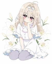  1girl alternate_costume antenna_hair biwako_(biwa27) blonde_hair blush closed_mouth dress flower flower_request full_body grey_pantyhose hair_intakes hair_ribbon highres long_hair looking_at_viewer meitantei_precure! moria_luluka pantyhose pink_eyes precure ribbon seiza sidelocks sitting solo white_background white_dress white_flower white_ribbon 