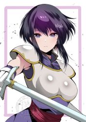  1girl armor armpits black_hair breastplate breasts commentary_request earrings elbow_gloves expressionless fe135700 fire_emblem fire_emblem:_genealogy_of_the_holy_war gloves highres holding holding_sword holding_weapon jewelry larcei_(fire_emblem) looking_at_viewer medium_breasts purple_tunic sash serious short_hair shoulder_armor sidelocks simple_background sleeveless solo sword tomboy tunic upper_body weapon white_background 