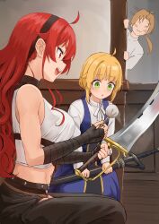  2girls ahoge bare_shoulders black_hair black_headband black_pants blonde_hair blue_dress blunt_bangs blush_stickers breasts brother_and_sister brown_hair cleaning cleaning_weapon commentary_request dress elbow_gloves eris_greyrat fingerless_gloves from_side gloves green_eyes headband highres holding holding_sword holding_weapon indoors large_breasts long_hair multiple_girls mushoku_tensei navel norn_greyrat open_mouth pants ponytail red_eyes red_hair rudeus_greyrat sheath sheathed siblings sitting sleeveless sleeveless_dress sword syagare tank_top thigh-highs unsheathed very_long_hair weapon white_tank_top 