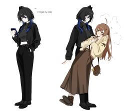  2girls bag belt black_jacket black_pants black_shirt black_shoes blue_eyes blue_hair blush brown_eyes brown_hair brown_skirt cardigan cellphone emimhok hair_intakes hand_in_pocket highres holding holding_phone holocouncil hololive hololive_english holopromise jacket jewelry looking_at_phone midriff multiple_girls multiple_views nanashi_mumei necklace ouro_kronii pants phone shirt shoes shoulder_bag skirt smartphone virtual_youtuber white_background yuri 