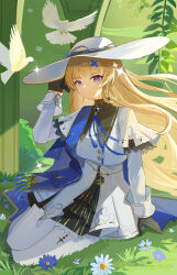  1girl absurdres black_gloves blonde_hair blue_sash chinese_commentary closed_mouth commentary_request gloves hair_ornament hand_up hat high-waist_skirt highres long_sleeves npp_(artist) pantyhose phoebe_(wuthering_waves) sash shirt sitting skirt smile solo tacet_mark_(wuthering_waves) violet_eyes white_hat white_pantyhose white_shirt white_skirt wuthering_waves x_hair_ornament yokozuwari 