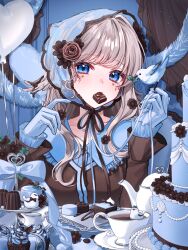  1girl animal_on_head balloon bird bird_on_head blue_eyes blue_headdress blunt_bangs blush brown_flower brown_rose cake candy chocolate chocolate_on_hair commentary_request cross cross_facial_mark cup cupcake curtains facial_mark flower food gloves grey_hair hair_flower hair_ornament head_wings heart heart-shaped_chocolate heart-shaped_food heart_balloon heart_facial_mark highres hot_chocolate indoors long_hair long_sleeves looking_at_viewer on_head original rose satori_suzuha solo teacup upper_body white_bird white_gloves wings 