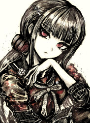  1girl blunt_bangs brown_hair commentary_request danganronpa_(series) danganronpa_v3:_killing_harmony hair_ornament hair_scrunchie hairclip harukawa_maki highres long_hair long_sleeves looking_at_viewer low_twintails mole mole_under_eye red_eyes red_scrunchie red_shirt sailor_collar school_uniform scrunchie shirt solo tsukihi_shida twintails 