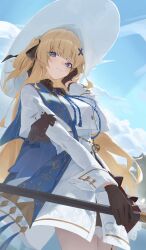  1girl absurdres black_gloves blonde_hair blue_eyes blue_sash blue_sky breasts chinese_commentary closed_mouth commentary cowboy_shot day gloves hair_ornament hand_on_own_face hat highres holding holding_staff long_sleeves looking_at_viewer medium_breasts outdoors pantyhose phoebe_(wuthering_waves) sash shirt skirt sky smile solo staff tacet_mark_(wuthering_waves) white_hat white_pantyhose white_shirt white_skirt wuthering_waves x_hair_ornament xuegao_ice 