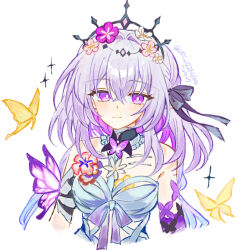  1girl asymmetrical_gloves black_tiara bug butterfly butterfly_earrings butterfly_ornament castorice_(honkai:_star_rail) commentary_request earrings elbow_gloves flower flower_ornament gloves honkai:_star_rail honkai_(series) jewelry legwear_cutout memosprite nanase_sato oekaki paint_chat_(medium) pointy_ears purple_butterfly purple_flower purple_gloves purple_hair single_elbow_glove tiara uneven_gloves violet_eyes 