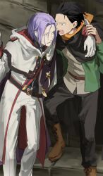  2boys 8_humi black_trim cape hair_slicked_back highres jacket julius_juukulius knight male_focus multiple_boys natsu_(blue_archive) purple_hair re:zero_kara_hajimeru_isekai_seikatsu track_jacket track_suit two-sided_capelet white_cape 