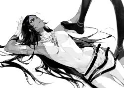  2girls absurdres arjuna_(fate) armlet belt covered_navel fate/grand_order fate_(series) genderswap genderswap_(mtf) gloves greyscale highres jewelry jiayizaoqizaoshui karna_(fate) long_hair lying monochrome multiple_girls necklace on_side open_mouth pants shirt simple_background sleeveless sleeveless_shirt smile spot_color stepped_on white_background 