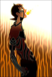  1boy black_hair blurry body_markings breath_weapon breathing_fire bright_background demi-fiend fire from_side glowing glowing_eyes horns male_focus open_mouth pyrokinesis shaliva shin_megami_tensei shin_megami_tensei_iii:_nocturne short_hair single_horn solo tattoo topless_male yellow_eyes 