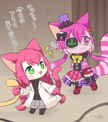  1other 2girls :3 :d animal_ears animal_hands animal_nose black_bow black_sweater black_thighhighs blush body_fur bow braid cat_busters cat_ears cat_girl cat_tail cheshire_(cat_busters) chibi chibi_only chibikemo club_(shape) coat commentary_request dress eyepatch furry furry_female green_eyes grey_skirt hair_bow hair_ornament hat holding_another's_tail lab_coat long_hair low_twintails mini_hat mini_top_hat multiple_girls neko_hakase notice_lines open_clothes open_coat open_mouth out_of_frame pink_hair purple_fur purple_hair skirt slit_pupils smile spade_hair_ornament striped_tail sweater tail thigh-highs top_hat translation_request turning_head turtleneck turtleneck_sweater twin_braids twintails violet_eyes walking wataboshi whiskers white_fur 