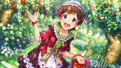  1girl :d animal apple basket brown_hair brown_skirt card_commentary commentary_request day dutch_angle food frilled_hairband frills fruit game_asset green_eyes hairband holding holding_basket idolmaster idolmaster_million_live! idolmaster_million_live!_theater_days kinoshita_hinata looking_at_viewer official_art open_mouth outdoors rabbit red_ribbon red_shirt ribbon shirt short_hair skirt smile solo standing sunlight third-party_source tree wrist_ribbon 