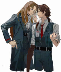  1boy 1girl belt black_belt black_coat black_pants black_vest blue_eyes brown_hair cigarette coat collared_shirt cowboy_shot facial_hair glasses gregor_(project_moon) hetero highres holding holding_cigarette id_card lighter limbus_company long_hair long_sleeves luan_(luans51129268) mole mole_under_eye necktie open_clothes open_coat pants project_moon red_necktie rodion_(project_moon) shirt smoking standing tattoo vest white_shirt 