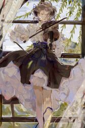  1girl black_skirt blue_ribbon bow_(music) brown_hair chinese_commentary closed_eyes closed_mouth commentary_request facing_viewer hair_ribbon highres holding holding_bow_(music) holding_instrument holding_violin indoors instrument muyihui original plant playing_instrument playing_violin puffy_sleeves ribbon shirt short_hair skirt solo standing violin white_shirt 
