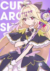  1girl antenna_hair black_bow black_capelet black_dress blonde_hair blush bow breasts brooch capelet character_name commentary_request crossed_bangs cure_arcana_shadow diamond_hairband dress earrings gold_trim hair_bow hair_intakes highres jewelry long_hair looking_at_viewer meitantei_precure! moria_luluka nishimura_eri precure purple_veil rod small_breasts solo tear_arcana_rod two-tone_dress veil very_long_hair violet_eyes white_dress wrist_cuffs 