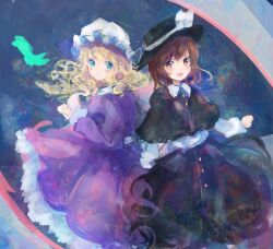  2girls :d absurdres black_capelet black_hat black_skirt blonde_hair blue_eyes blush bow brown_eyes brown_hair buttons capelet closed_mouth collared_dress collared_shirt commentary_request contrast_collar dress frilled_dress frilled_sleeves frills hat hat_bow highres long_hair long_sleeves maribel_hearn medium_hair mob_cap multiple_girls open_mouth purple_dress shirt skirt smile touhou usami_renko uwazumi white_bow white_hat white_shirt 