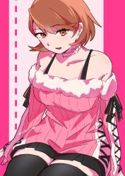  1girl bare_shoulders black_skirt black_thighhighs breasts brown_eyes brown_hair choker collarbone commentary_request cowboy_shot cross-laced_clothes cross-laced_sleeves cross-laced_sweater earrings flipped_hair fur-trimmed_sweater fur_trim heart heart_choker highres jewelry long_sleeves looking_at_viewer medium_breasts miniskirt off-shoulder_sweater off_shoulder official_alternate_costume open_mouth oyoyoi134 persona persona_3 persona_3_reload pink_sweater pleated_skirt ribbed_sweater short_hair sitting skirt solo strap stud_earrings sweater takeba_yukari thigh-highs white_choker zettai_ryouiki 