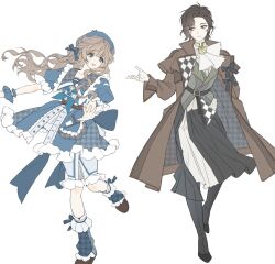  2girls :d alternate_costume ascot beret black_boots black_hair black_skirt blue_bow blue_coat blue_eyes blue_hat blue_leg_warmers blue_neckerchief boots bow brown_coat brown_shoes coat floating_hair full_body greta_hofmann grey_jacket hair_bow hand_up hat jacket lalang leg_up leg_warmers long_hair long_skirt looking_to_the_side marcus_(reverse:1999) medium_skirt mole mole_under_mouth multiple_girls neckerchief open_mouth puffy_short_sleeves puffy_sleeves reverse:1999 shoes short_hair short_sleeves skirt smile standing standing_on_one_leg white_ascot white_background white_skirt yellow_eyes 