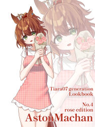  1girl absurdres animal_ears aston_machan_(umamusume) baejimile blush bouquet brown_hair commentary crown dress flower green_eyes hair_between_eyes highres holding holding_bouquet horse_ears horse_girl horse_tail looking_at_viewer mini_crown open_mouth pink_dress pink_flower shirt short_hair short_sleeves solo tail umamusume white_shirt zoom_layer 