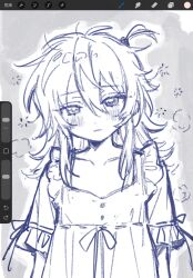  1girl art_program_in_frame collarbone commentary ensemble_stars! expressionless frilled_sleeves frills genderswap genderswap_(mtf) greyscale hair_between_eyes head_tilt heterochromia highres iiilovesleeping kagehira_mika looking_at_viewer medium_hair messy_hair monochrome procreate_(medium) ribbon shirt short_sleeves sidelocks simple_background sketch solo squeans unfinished untranslatable_commentary upper_body 